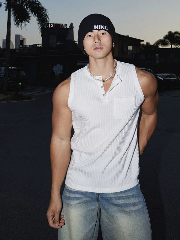 Textured Ribbed Henley Tank Vest 1