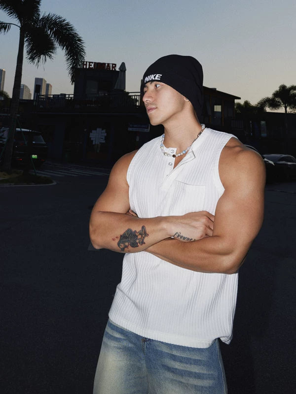 Textured Ribbed Henley Tank Vest 5