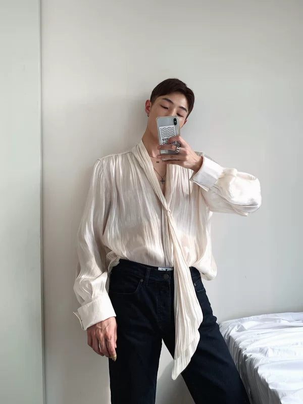 Textured Ribbon Detail Button-Down Shirt 4