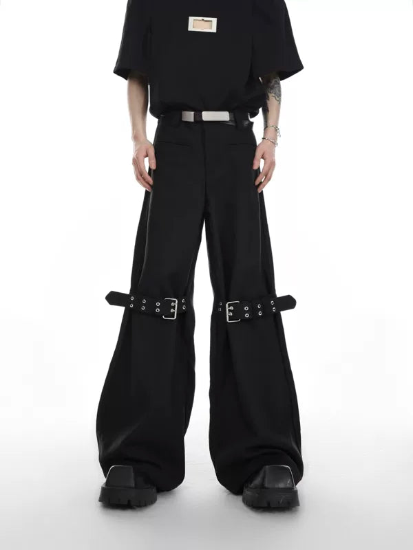 Textured Twill Flared Buckle Strap Pants 1