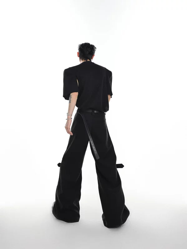 Textured Twill Flared Buckle Strap Pants 3