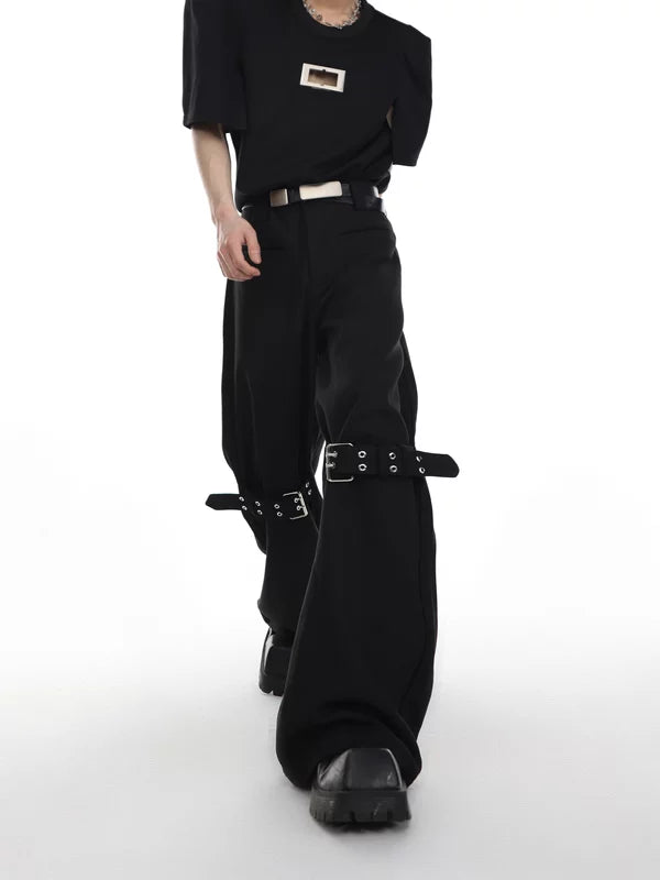 Textured Twill Flared Buckle Strap Pants 4