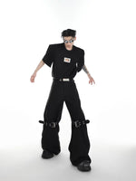 Textured Twill Flared Buckle Strap Pants 5