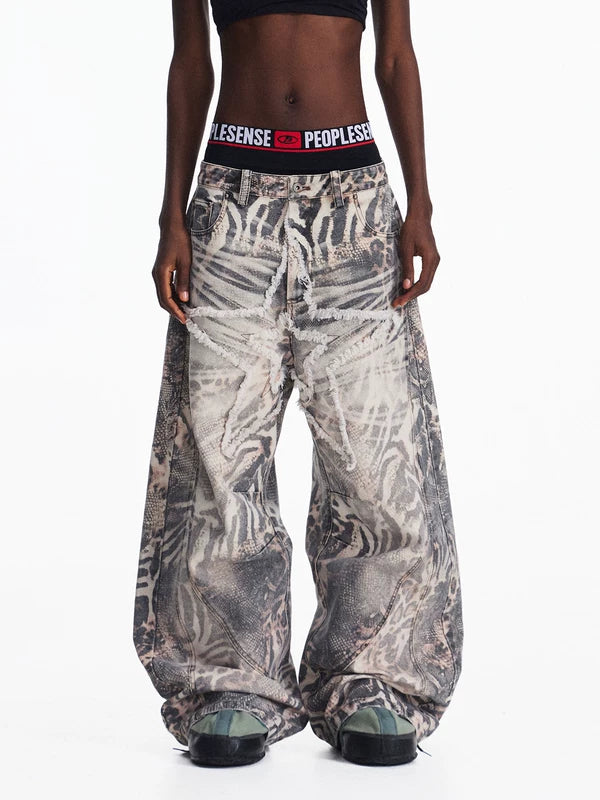 Tiger Print Wide-Leg Distressed Jeans Pants 1
