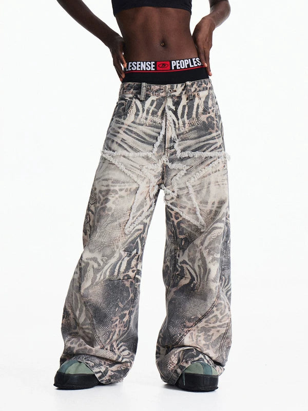 Tiger Print Wide-Leg Distressed Jeans Pants 2