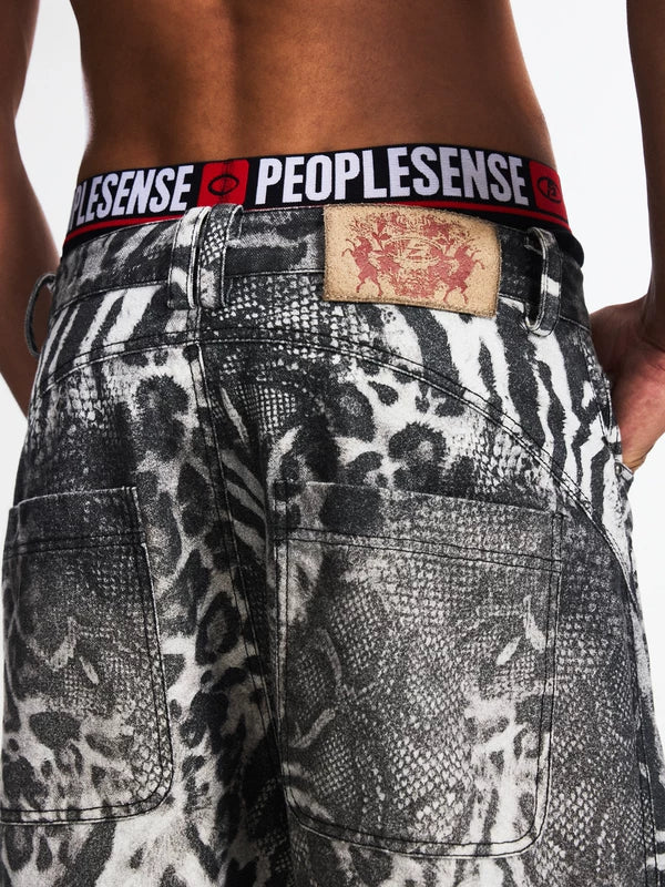 Tiger Print Wide-Leg Distressed Jeans Pants 3
