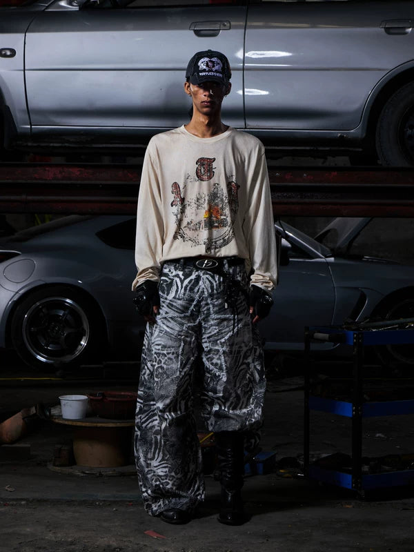 Tiger Print Wide-Leg Distressed Jeans Pants 5