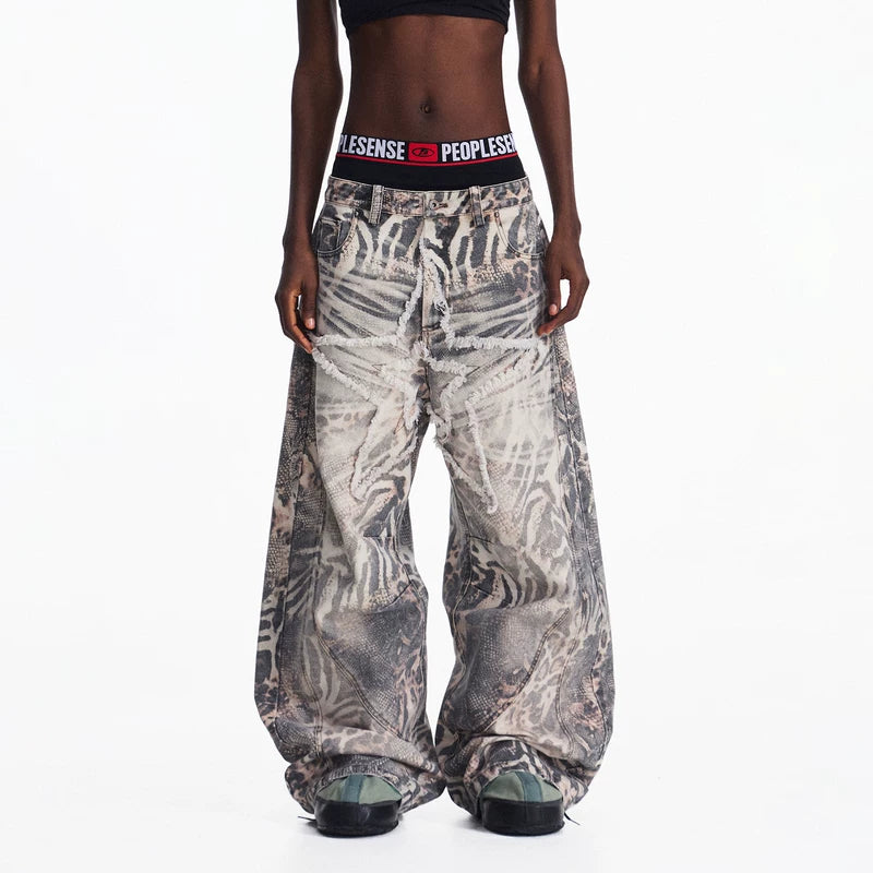 6111304027845,6111304027846,6111304027847,6111304027848,6111304027849, Tiger Print Wide-Leg Distressed Jeans Pants
