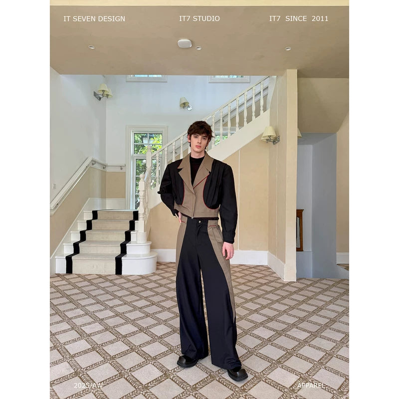 Two-Tone Short Jacket and Wide-Leg Pants 1