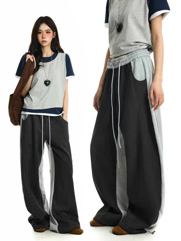 Two-Tone Wide Leg Sweatpants with Drawstring 1
