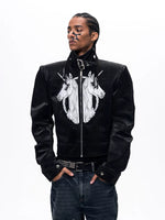 Unicorn Embroidered Stand Collar Leather Jacket 2