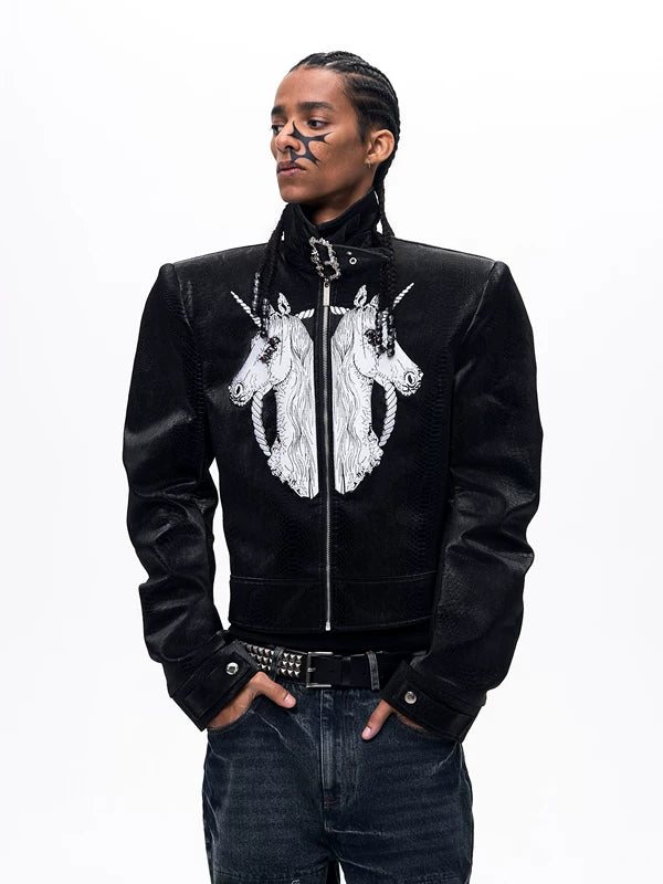 Unicorn Embroidered Stand Collar Leather Jacket 2