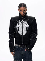 Unicorn Embroidered Stand Collar Leather Jacket 3