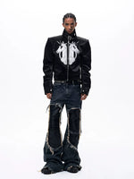 Unicorn Embroidered Stand Collar Leather Jacket 4