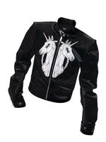 Unicorn Embroidered Stand Collar Leather Jacket 5