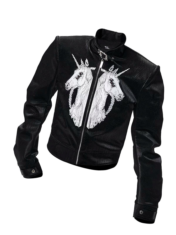Unicorn Embroidered Stand Collar Leather Jacket 5