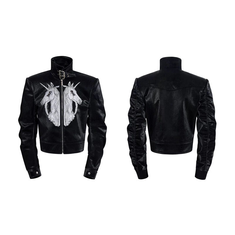 6043386324754,6043386324755,6043386324756,6043386324757, Unicorn Embroidered Stand Collar Leather Jacket