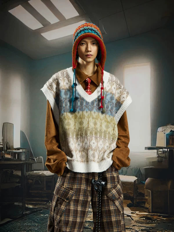 V-Neck Knit Patterned Sleeveless Sweater Vest 1