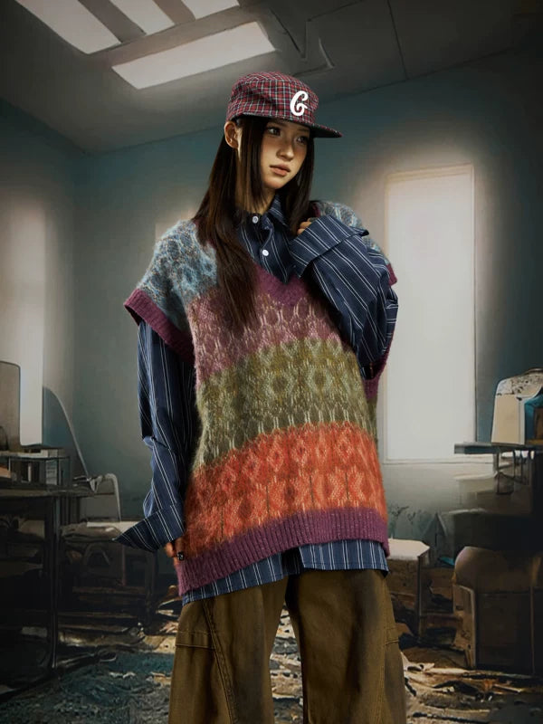 V-Neck Knit Patterned Sleeveless Sweater Vest 2