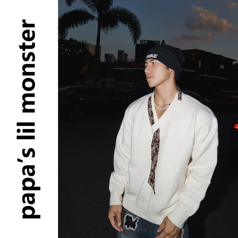 5938767021587,5938767021588,5938767021589, V-Neck Knit Sweater with Scarf Tie