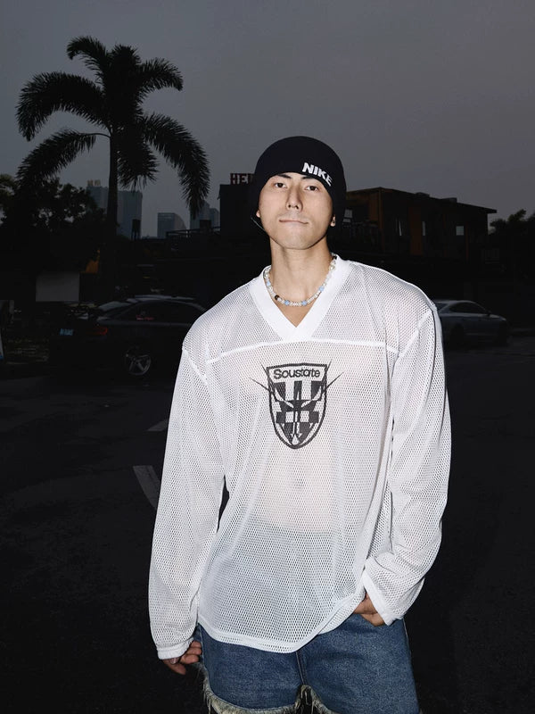 V-Neck Mesh Long-Sleeve Graphic T-Shirt 1