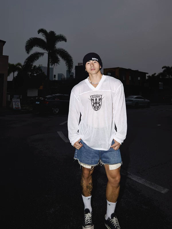 V-Neck Mesh Long-Sleeve Graphic T-Shirt 2