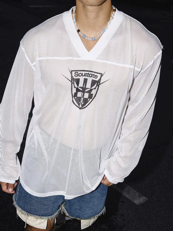 V-Neck Mesh Long-Sleeve Graphic T-Shirt 3