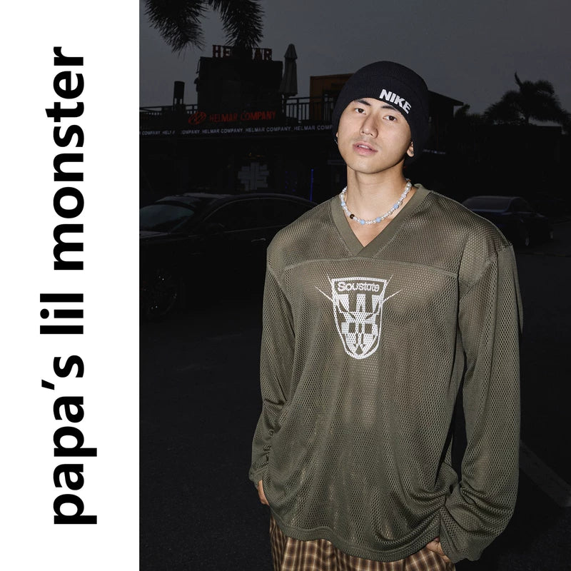 6279978042496,6279978042497,6279978042498, V-Neck Mesh Long-Sleeve Graphic T-Shirt