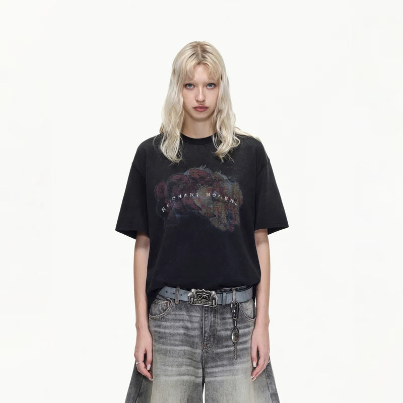 6212008934883,6212008934884,6212008934885, Vintage Distressed Graphic Cotton T-Shirt