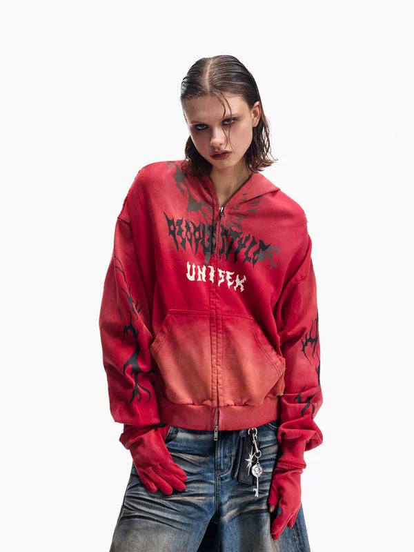 Vintage Distressed Hooded Zip-Up Sweatshirt 2