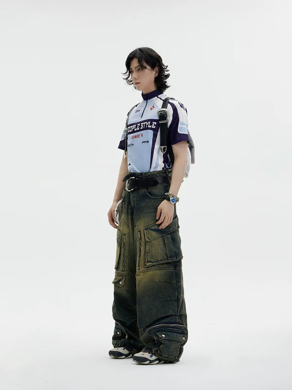 Vintage Distressed Wide-Leg Cargo Jeans Pants 5