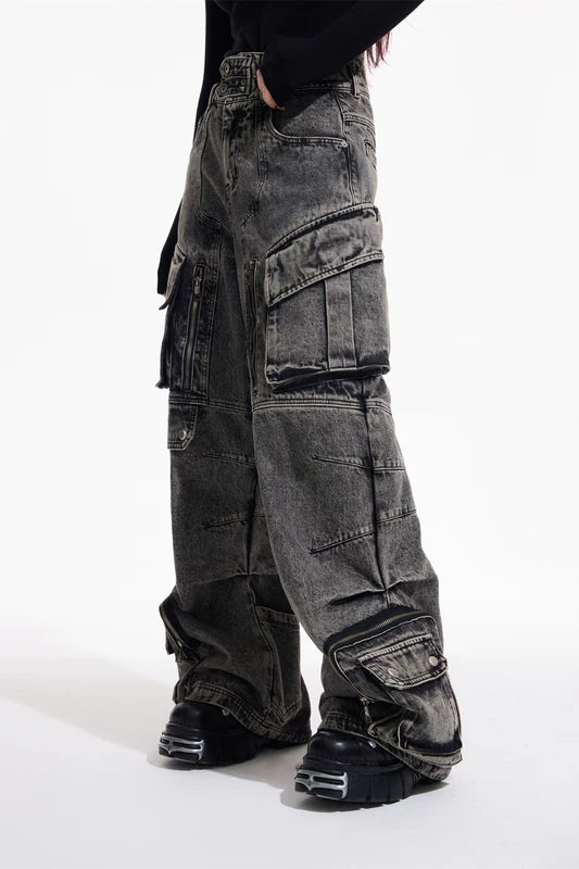 5192189234172,5192189234174,5192189234176,5192189234178, Vintage Distressed Wide-Leg Cargo Jeans Pants