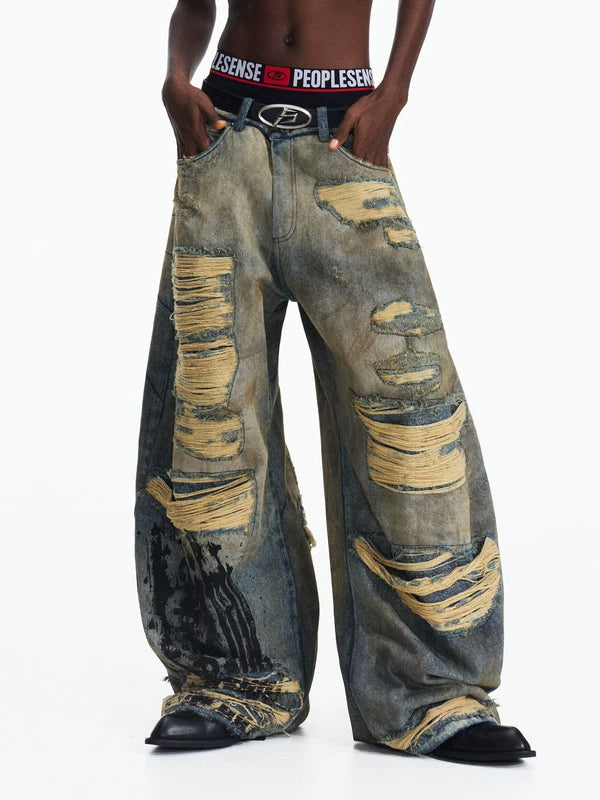 Vintage Distressed Wide-Leg Denim Pants 2