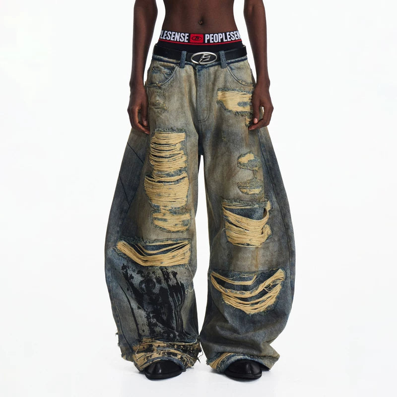 6146027498143,6146027498144,6146027498145,6146027498146, Vintage Distressed Wide-Leg Denim Pants
