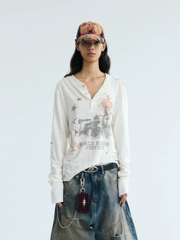 Vintage Graphic Washed Long-Sleeve Henley T-Shirt 1