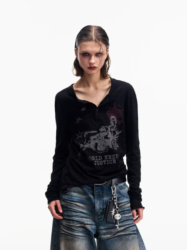 Vintage Graphic Washed Long-Sleeve Henley T-Shirt 2