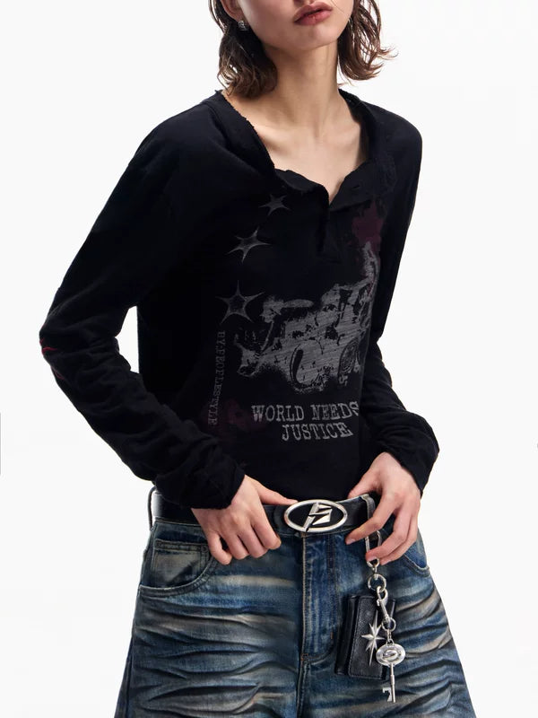Vintage Graphic Washed Long-Sleeve Henley T-Shirt 4
