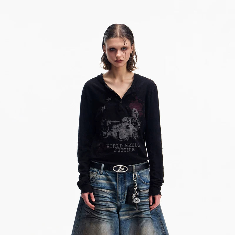 5905205523290,5905205523291,5905205523292, Vintage Graphic Washed Long-Sleeve Henley T-Shirt
