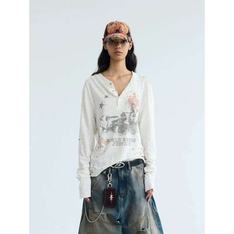 5905205523287,5905205523288,5905205523289, Vintage Graphic Washed Long-Sleeve Henley T-Shirt