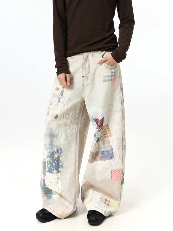 Vintage Print Oversized Wide Leg Jeans Pants 1