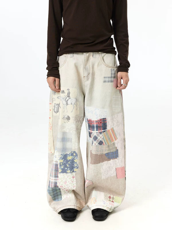 Vintage Print Oversized Wide Leg Jeans Pants 2