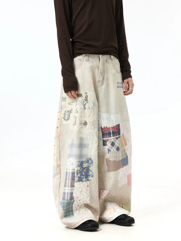 Vintage Print Oversized Wide Leg Jeans Pants 3