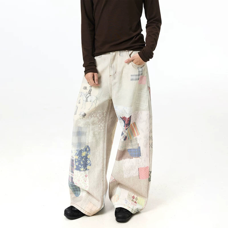 6004535317682,6004535317683,6004535317684,6004535317685, Vintage Print Oversized Wide Leg Jeans Pants