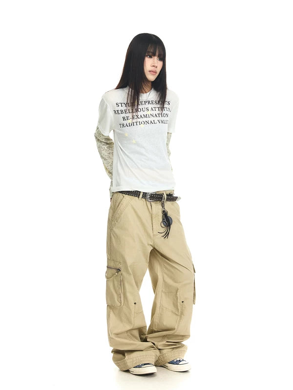 Vintage Washed Multi-Pocket Wide-Leg Cargo Pants 5