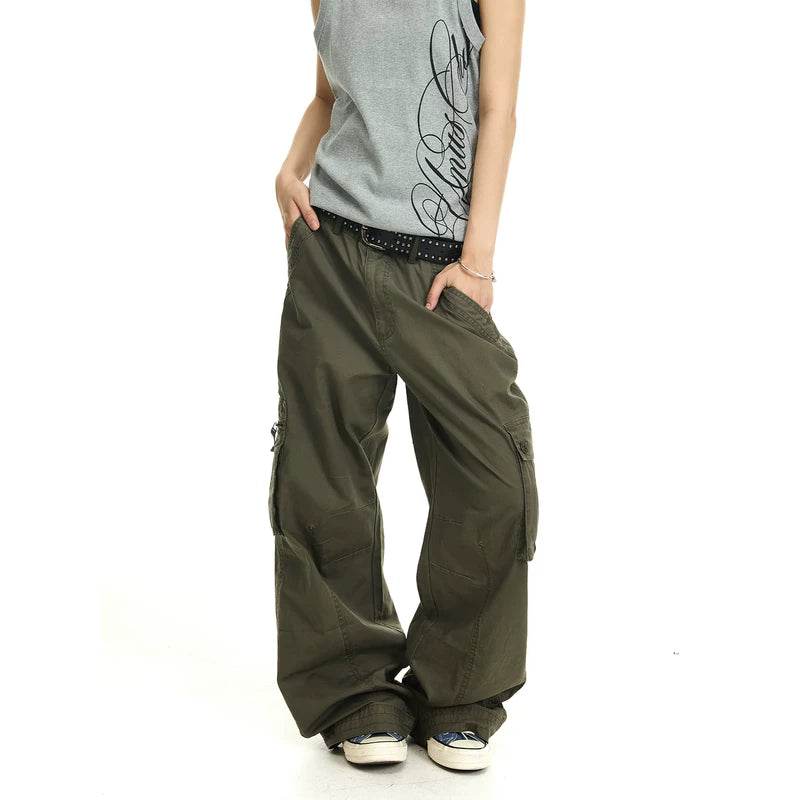 6262535579729,6262535579730,6262535579731,6262535579732,6262535579733, Vintage Washed Multi-Pocket Wide-Leg Cargo Pants
