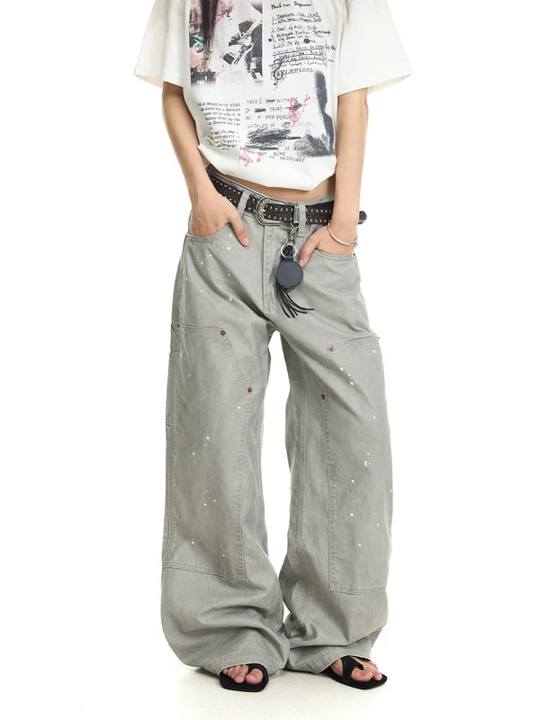 ,6098033749340,6098033749341,6098033749342,6098033749343,6098033749344, Vintage Washed Splatter Wide-Leg Cargo Pants