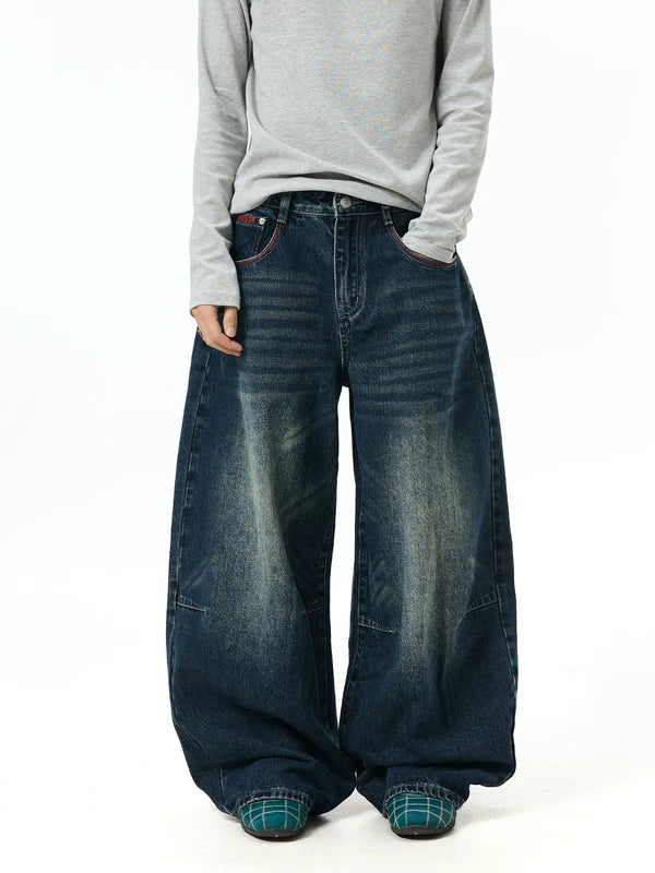 Vintage Washed Wide-Leg Distressed Jeans Pants 1