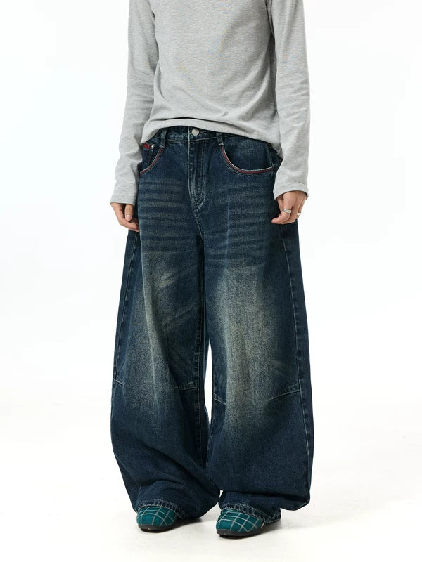Vintage Washed Wide-Leg Distressed Jeans Pants 2