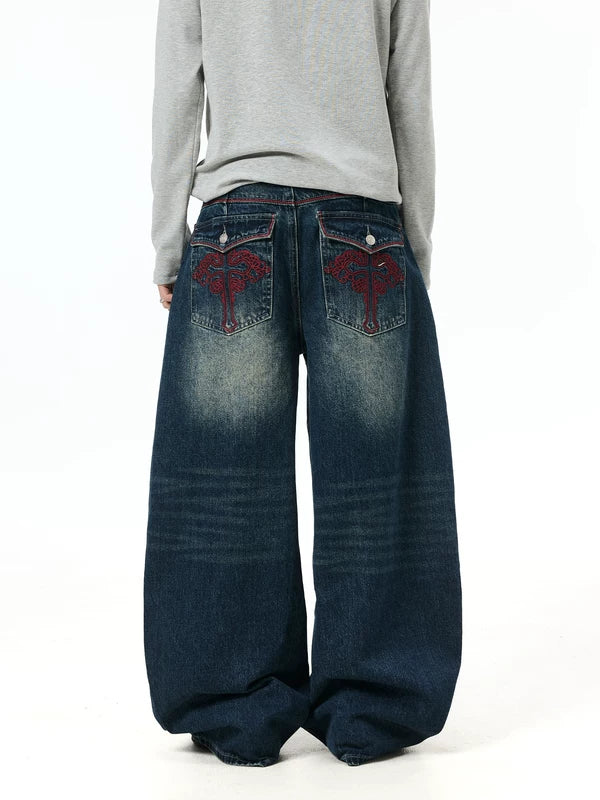 Vintage Washed Wide-Leg Distressed Jeans Pants 3