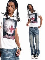 Visual Kei Portrait Rhinestone Cross T-Shirt 1